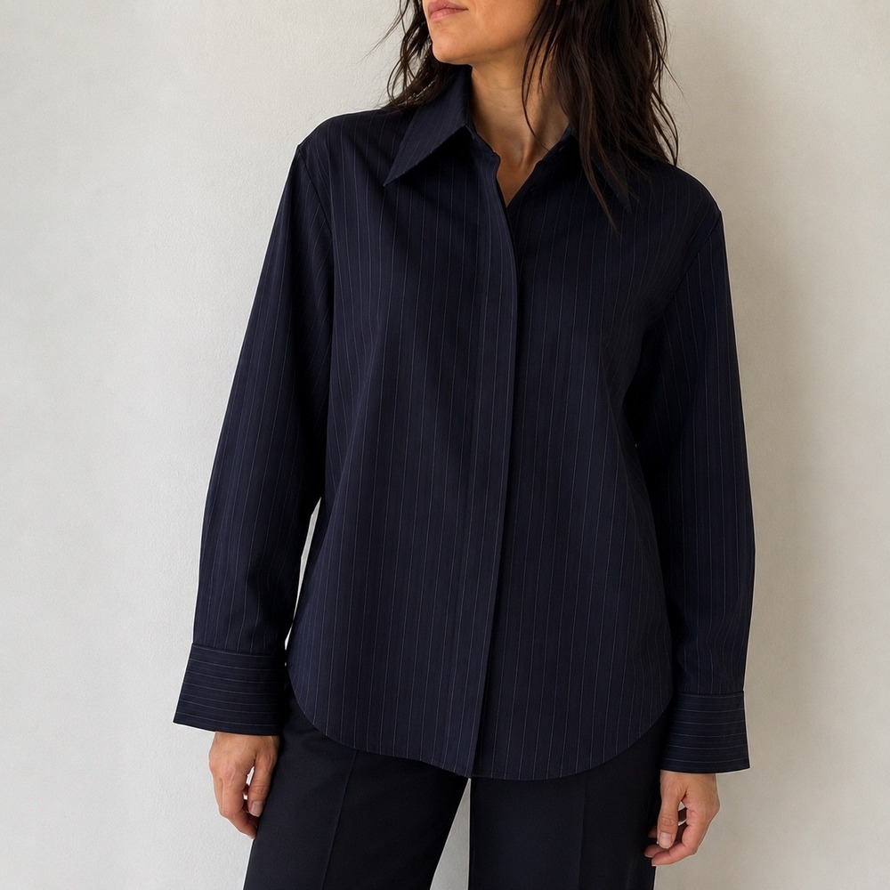 COS Dark Navy Pinstripe Wool Button Down Shirt Size 12 Dark Academia Menswear